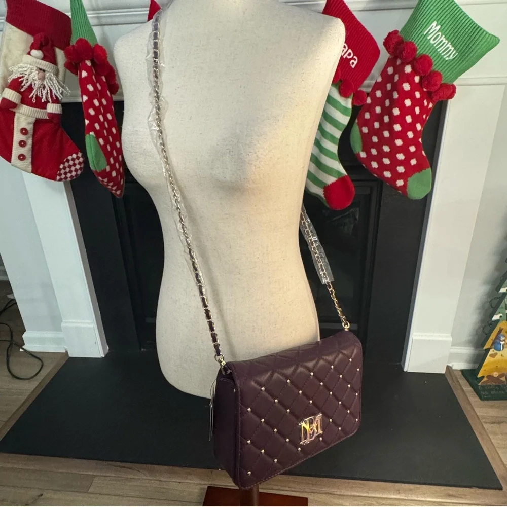 👜 Badgley Mischka Quilted Plum Crossbody | Studded Vegan Leather | NWT